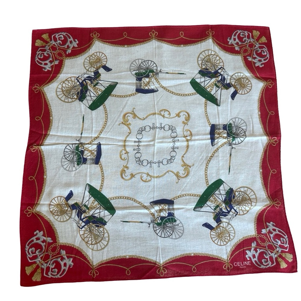 Celine Red and White Scarf with Carriage Motif - Picture 1 of 4